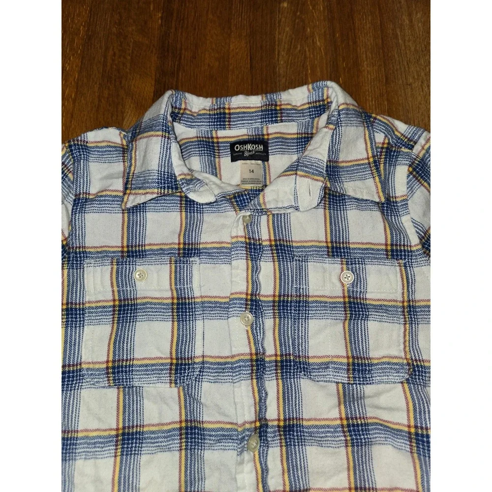 OshKosh Bgosh Boys 14 Blue White Yellow Plaid Button Down Flannel Pocket Shirt‎